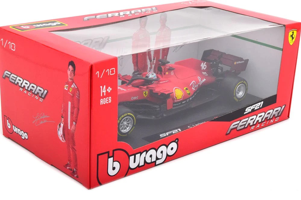 Bburago Ferrari Racing  SF21 Leclerc #16 with Helmet -Scale 1/18